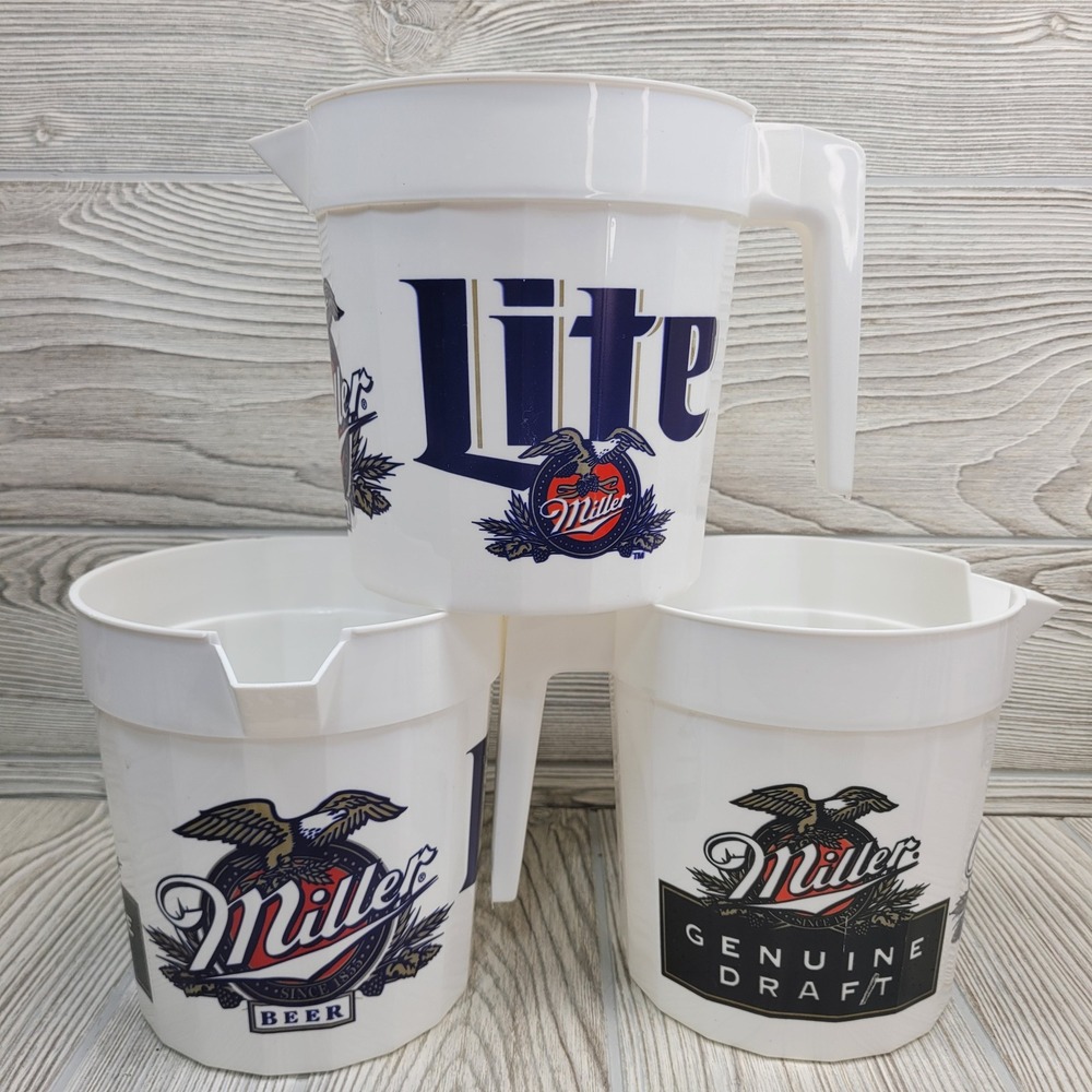 Miller Beer Pitchers Set of 3 White Plastic Lite Genuine Draft Vintage USA‎